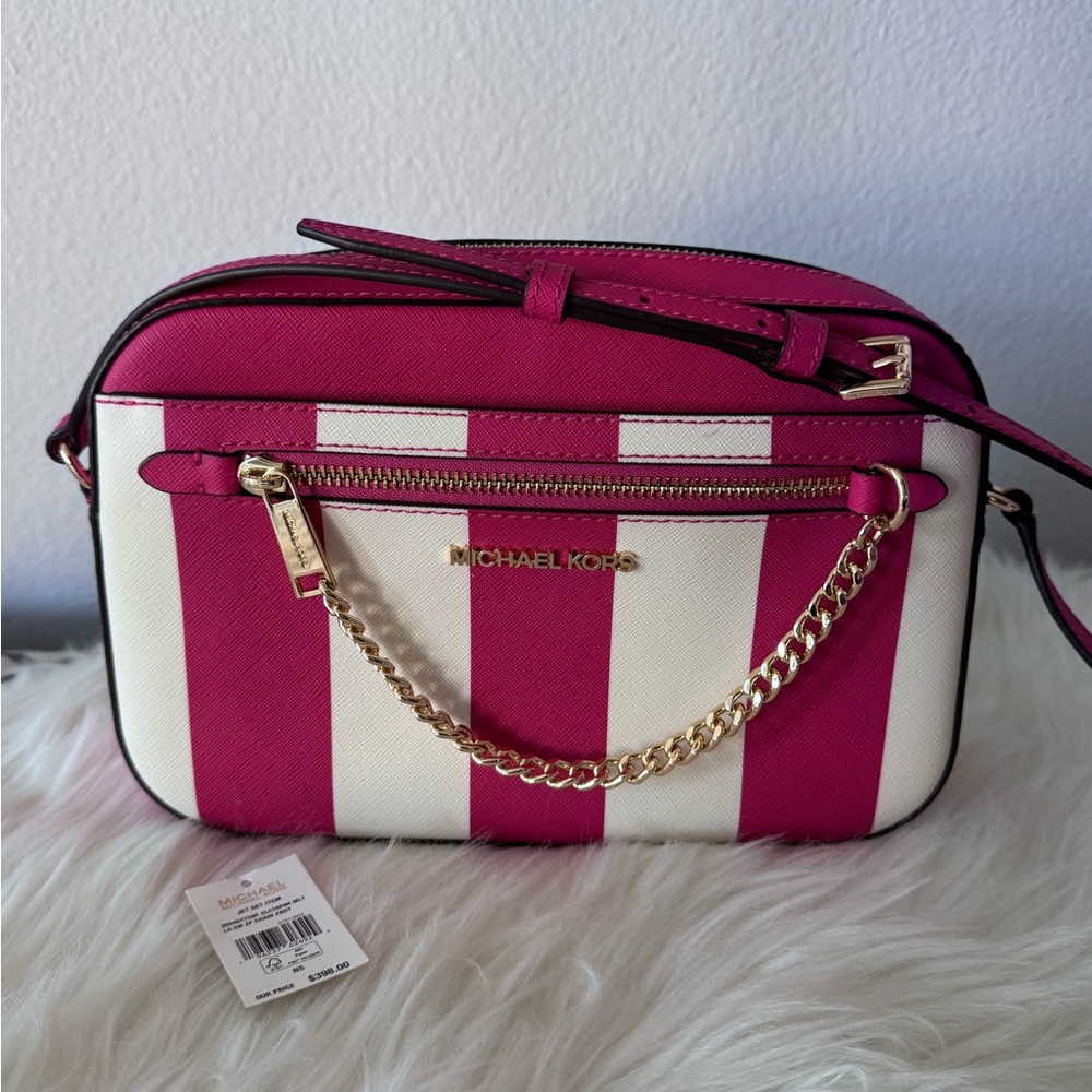 Michael Kors Jet Set Pink and White Striped Crossbody Bag